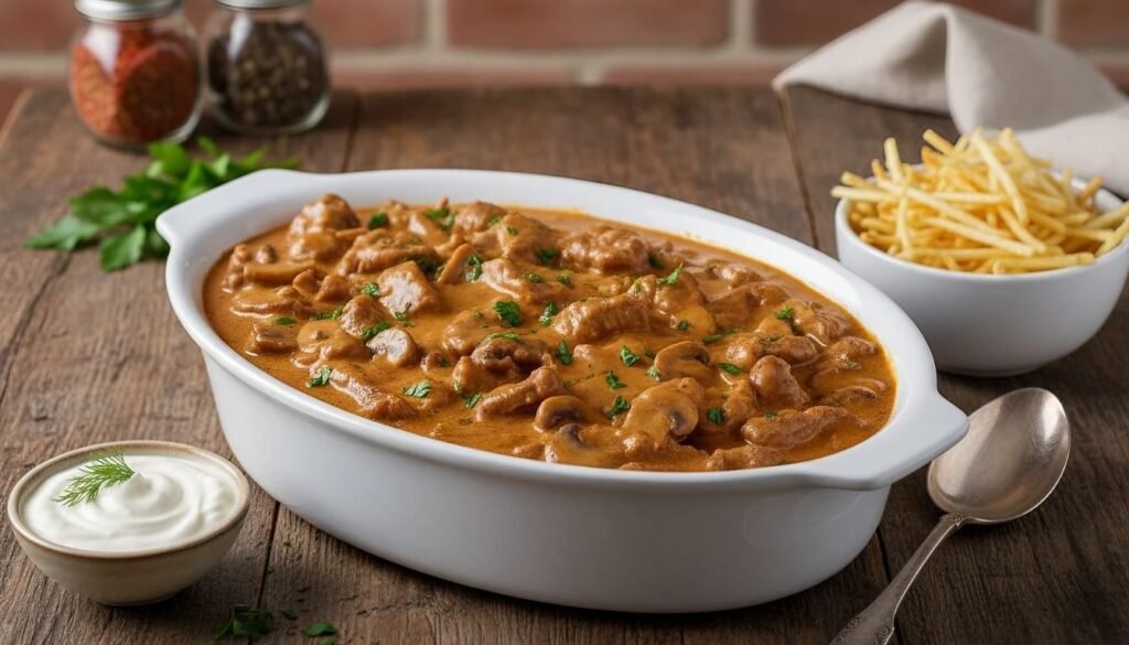 Aprenda a fazer Strogonoff de Carne: uma receita fácil e deliciosa 1 Strogonoff de carne cremoso servido em travessa branca, com pedaços de carne macia, cogumelos e molho ao creme de leite, acompanhado de batata palha crocante e molho de creme azedo.