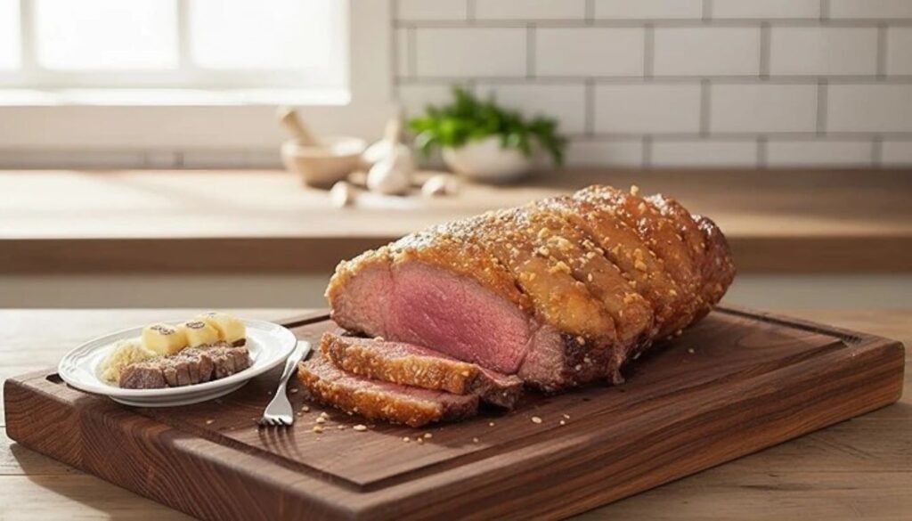 Picanha no Alho: Receita Fácil, Suculenta e Perfeita para Churrascos em Casa 1 Picanha no alho assada, suculenta e macia, servida fatiada com crosta dourada e acompanhada de mandioca, receita perfeita para churrasco em casa.