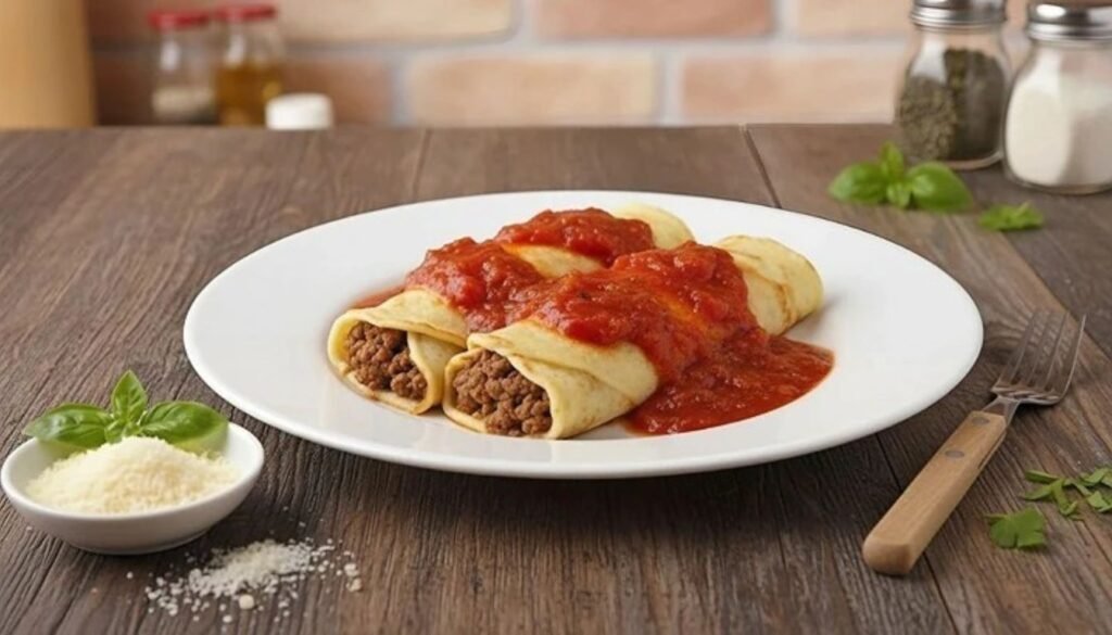 Receita de panqueca com recheio de carne moída: uma delícia fácil de fazer para o almoço ou jantar 1 Panquecas recheadas com carne moída cobertas com molho de tomate caseiro, servidas em prato branco sobre mesa de madeira rústica, acompanhadas de queijo parmesão ralado e folhas de manjericão fresco.