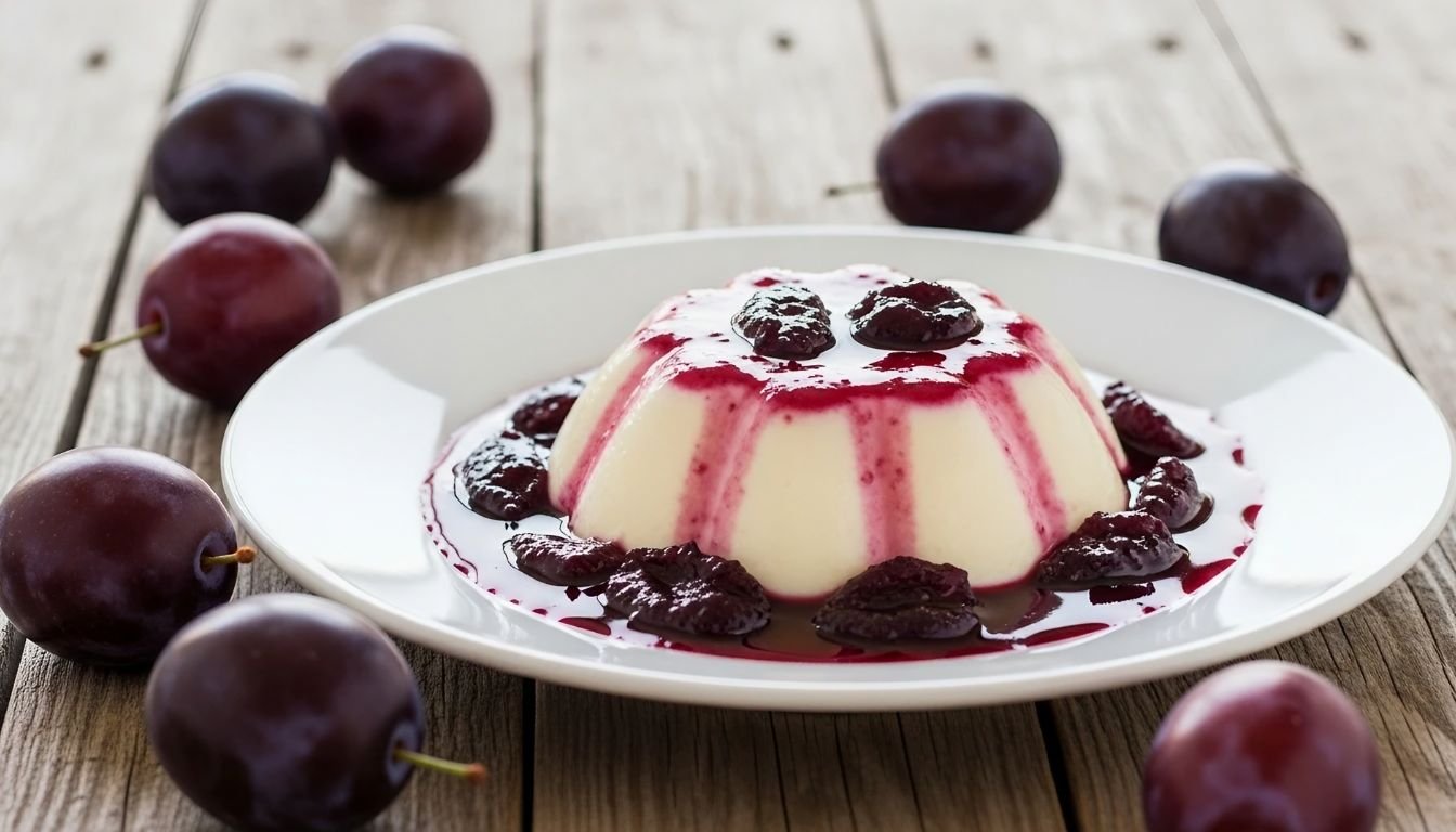 Receita de Manjar Branco com Calda de Ameixa: uma sobremesa irresistível 1 Manjar branco decorado com calda de ameixa servido em prato de sobremesa elegante.