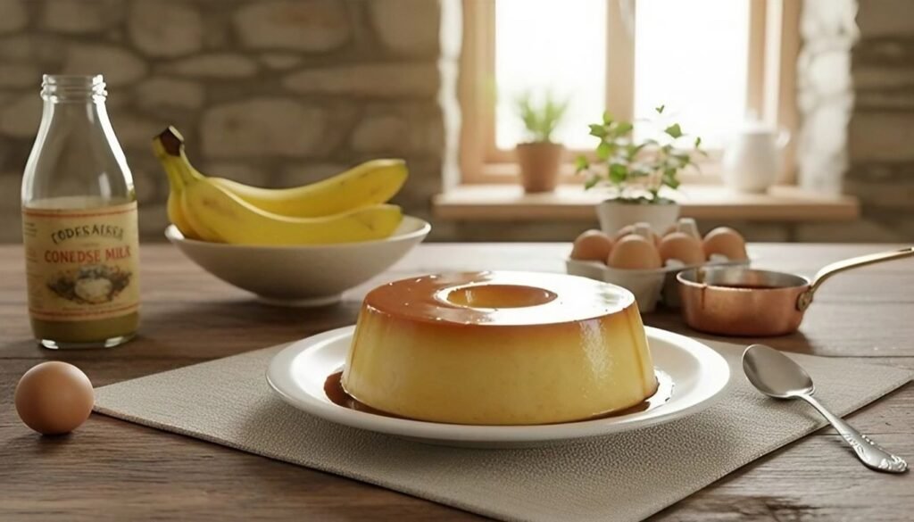 Receita fácil de Pudim de Leite Condensado com Calda de Caramelo 1 Pudim de leite condensado com calda de caramelo dourada, servido inteiro em prato branco elegante.