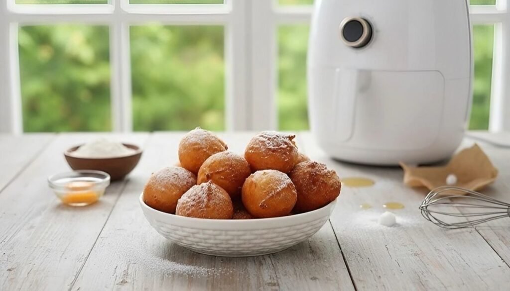 Bolinho de Chuva na Airfryer: Aprenda a fazer essa delícia crocante e saudável! 1 Bolinho de chuva na airfryer, fofinho por dentro e crocante por fora, polvilhado com açúcar e preparado de forma prática e saudável.