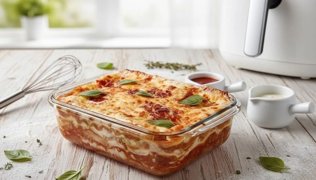Lasanha na Airfryer: uma receita prática e deliciosa! 1 Lasanha na airfryer com camadas de molho, queijo derretido e massa gratinada, receita prática e deliciosa preparada em travessa de vidro.