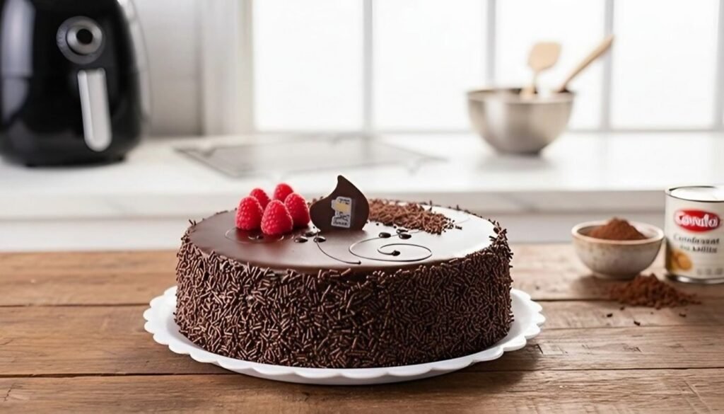 Delicie-se com nossa Receita de Brigadeirão na Airfryer | Sobremesa rápida e irresistível! 1 Brigadeirão na airfryer coberto com chocolate granulado e decorado com frutas vermelhas, receita fácil e irresistível de sobremesa prática.