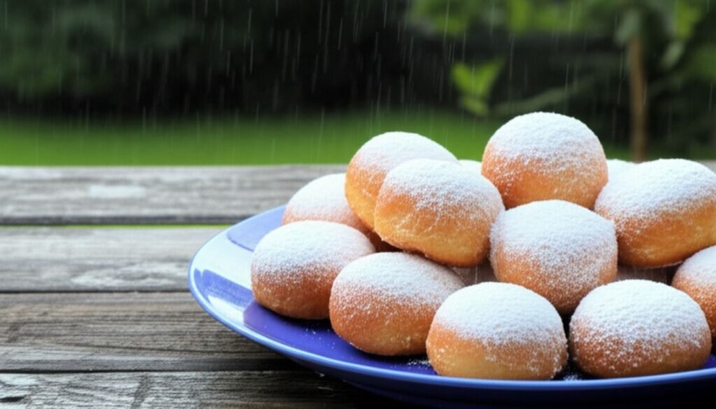 Receita de Bolinho de Chuva: Deliciosos e Fáceis de Fazer em Casa 1 Receita de bolinho de chuva caseiro, fofinho e polvilhado com açúcar, servido em prato azul, ideal para lanche da tarde fácil e delicioso.