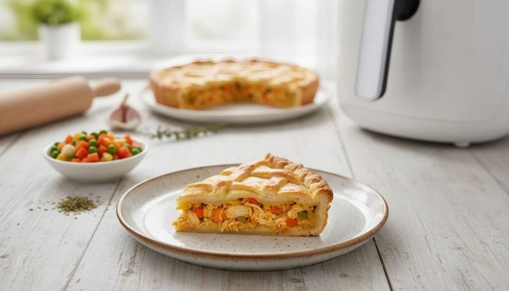 Torta de Legumes com Frango na Airfryer : receita fácil e saudável 1 Torta de legumes com frango feita na airfryer, receita fácil e saudável com recheio de frango desfiado, cenoura, ervilha e massa dourada crocante.