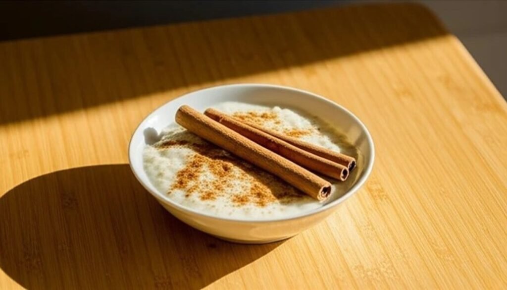 Arroz Doce Cremoso: Uma Receita Deliciosa para Saborear 1 Tigela de arroz doce cremoso com canela em pó e paus de canela, uma sobremesa tradicional e saborosa servida sobre mesa de madeira iluminada.