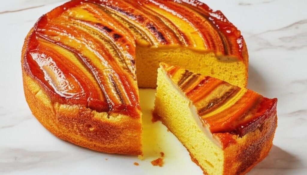 Receita de Bolo de Banana: Como fazer um bolo delicioso e fácil com bananas caramelizadas 1 Receita de bolo de banana com bananas caramelizadas, bolo caseiro fofinho e fácil de fazer, servido com fatia destacada em superfície clara.