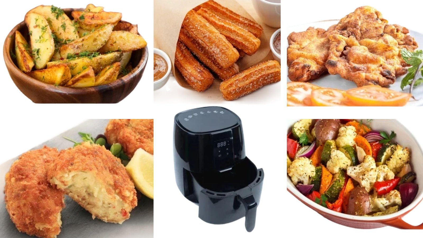5 Receitas Criativas e Saudáveis na Airfryer Receitas na airfryer: batatas rústicas assadas, churros crocantes, frango empanado, bolinho recheado e legumes assados coloridos, mostrando opções criativas e saudáveis para preparar sem óleo.
