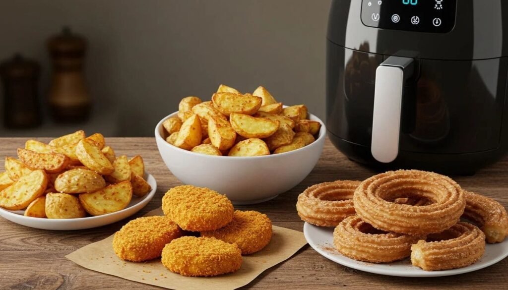 Delícias Leves na Airfryer: 3 Receitas Para Saborear Sem Culpa 1 Receitas na airfryer: batatas assadas crocantes, nuggets empanados dourados e churros caseiros sem óleo, servidos em tigelas ao lado de uma airfryer moderna.