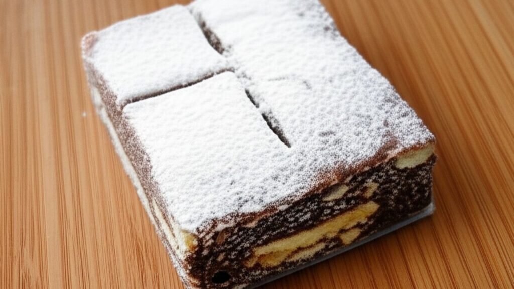 Palha Italiana: A Receita Tradicional com Toque Perfeito! 1 Quadradinhos de palha italiana polvilhados com açúcar de confeiteiro, dispostos em prato rústico de sobremesa.