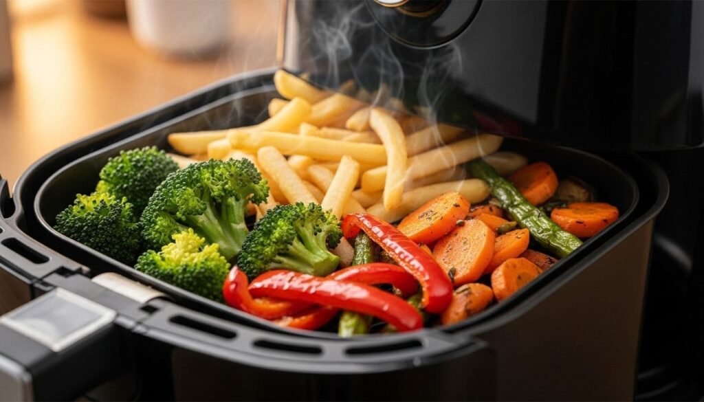 Descubra a Melhor Fritadeira Air Fryer: Guia Completo para Escolher a Ideal para sua Cozinha 3 Batatas fritas crocantes e legumes assados saindo de uma fritadeira air fryer, ilustrando o preparo saudável e prático da melhor fritadeira air fryer.