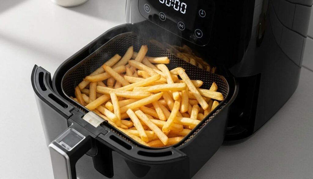 Receita de Batata Frita Crocante na Airfryer: Fácil, Saudável e Muito Saborosa 3 Airfryer moderna aberta com cesta cheia de batatas fritas crocantes douradas, receita prática passo a passo