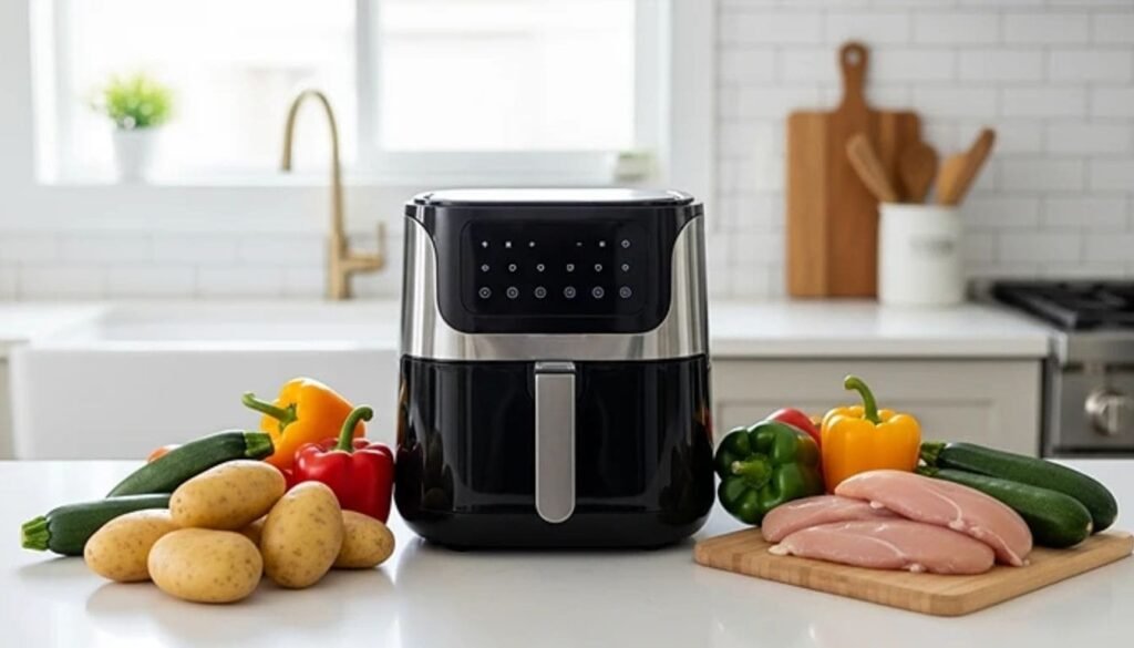 Descubra a Melhor Fritadeira Air Fryer: Guia Completo para Escolher a Ideal para sua Cozinha 1 Fritadeira air fryer moderna em cozinha minimalista com ingredientes frescos ao redor, representando a busca pela melhor fritadeira air fryer