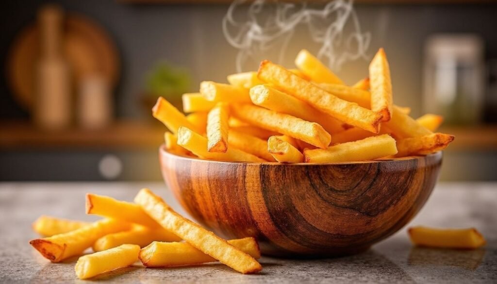 Receita de Batata Frita Crocante na Airfryer: Fácil, Saudável e Muito Saborosa 1 Batata frita crocante feita na airfryer servida em cestinha rústica, receita simples e saudável para blog de culinária