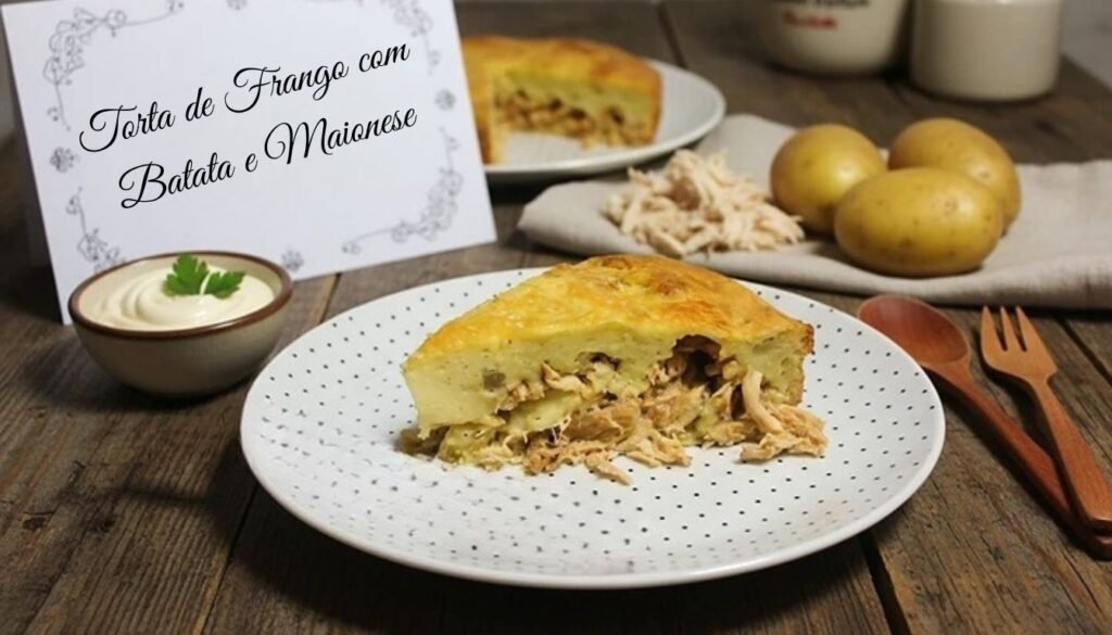 Torta de Frango Cremosa com Batata e Maionese: Receita Fácil e Recheada de Sabor 1 Torta de frango cremosa preparada com batata e maionese, servida em prato branco com recheio suculento de frango desfiado, acompanhada de maionese em tigela e batatas frescas sobre mesa rústica de madeira.