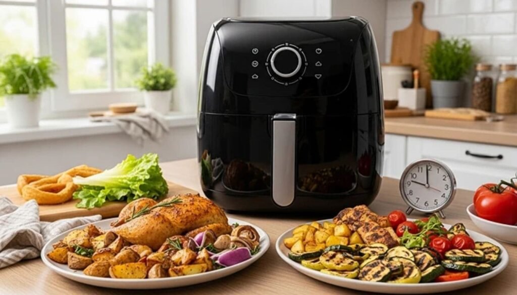 Top 3 Air Fryer Menor Preço: Boas e Baratas para sua Cozinha 9 Cozinha prática com air fryer e refeição saudável. Imagem para artigo sobre 'air fryer menor preço' e eficiência.