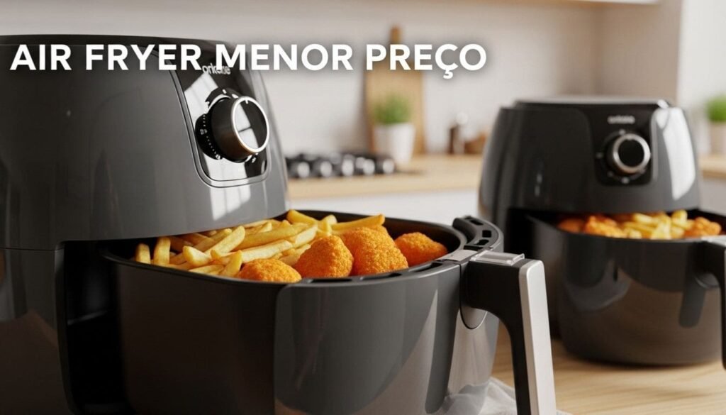 Top 3 Air Fryer Menor Preço: Boas e Baratas para sua Cozinha 1 Air fryer menor preço na cozinha, com batatas fritas crocantes e nuggets dourados saindo do cesto. Imagem ideal para capas de artigos sobre fritadeiras sem óleo baratas.