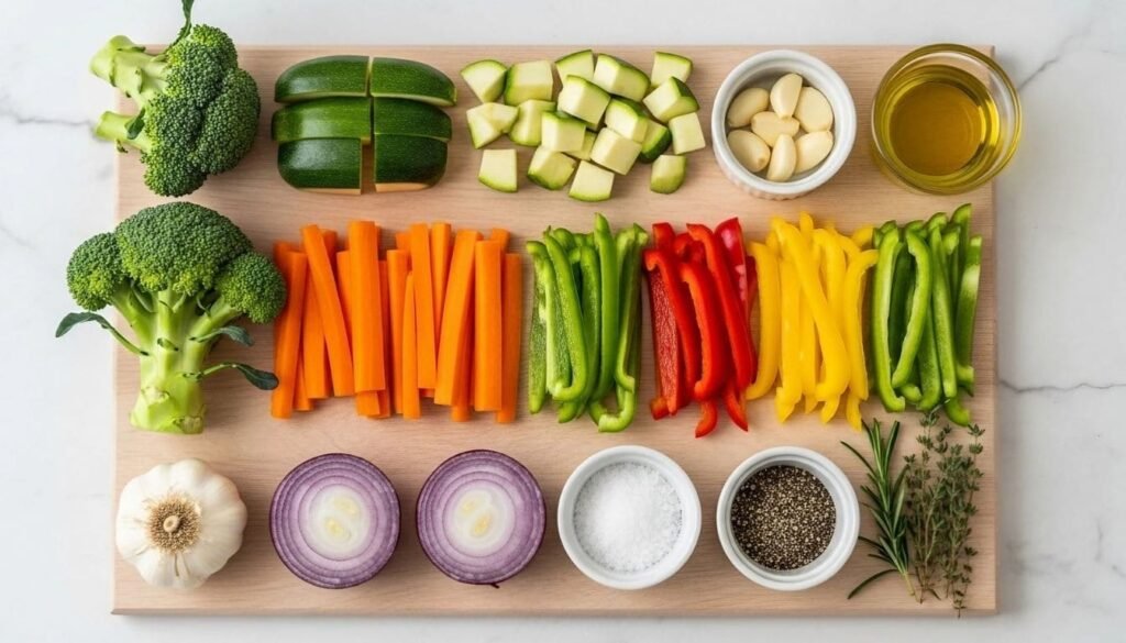 Disposição organizada de ingredientes frescos para legumes na airfryer: brócolis, abobrinha, cenoura, pimentão, cebola roxa, alho picado, azeite, sal, pimenta do reino e ervas frescas. Imagem detalhada dos legumes e temperos crus, prontos para preparo.