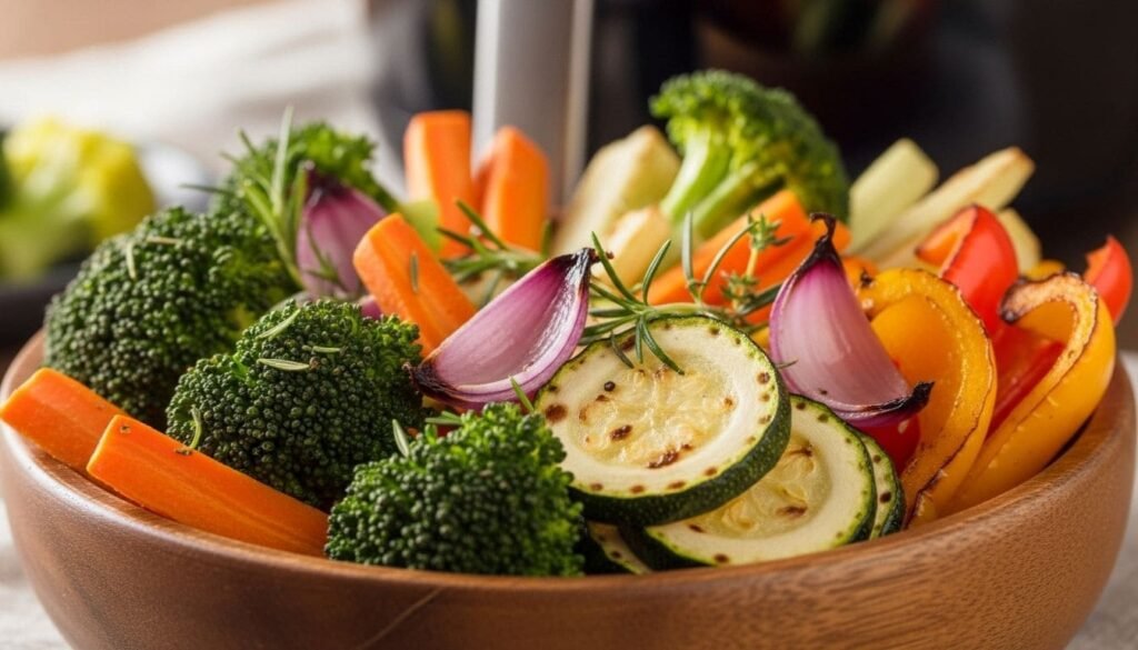 Legumes variados (brócolis, abobrinha, cenoura, pimentão, cebola roxa) recém-preparados na airfryer, dourados e crocantes, em uma tigela de madeira rústica, com temperos de ervas e uma airfryer moderna desfocada ao fundo. Foto vibrante de legumes na airfryer, ressaltando o preparo saudável e saboroso.