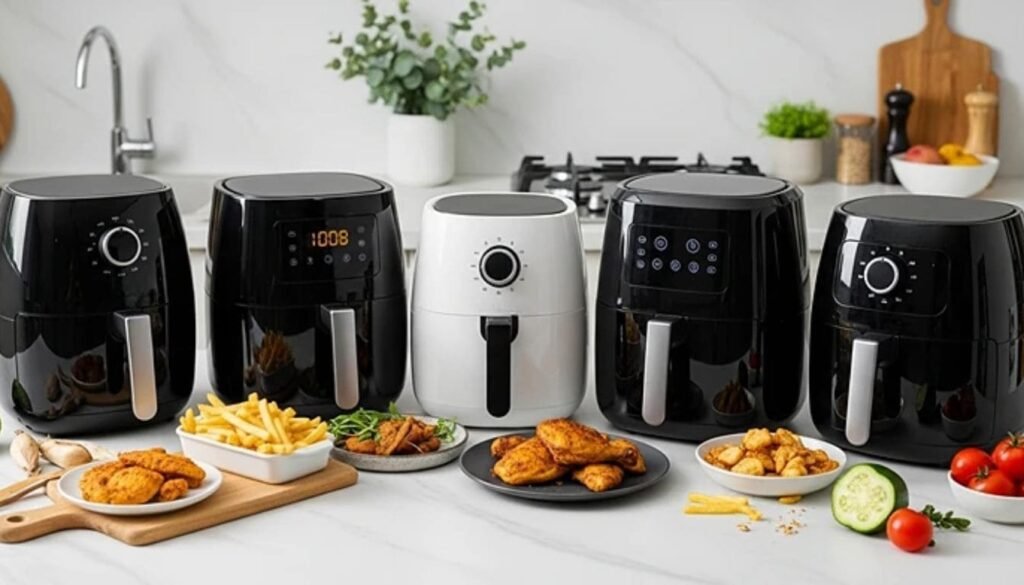 As 5 Melhores Air Fryer 5 Litros para sua Cozinha: Guia Completo! 7 Diversos modelos de air fryers de 5 litros, incluindo um modelo branco, um vermelho e um preto, dispostas em uma bancada de cozinha moderna com alimentos saudáveis e crocantes ao redor. A imagem ilustra as melhores opções das melhores air fryer 5 litros para cozinhas brasileiras, focando em saúde e praticidade.