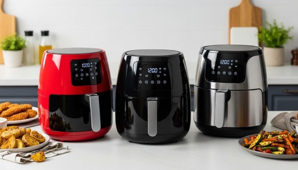 Melhores Air Fryer do Mercado Até 6L: Guia Completo para Escolher a Sua 1 Capa com arranjo de air fryers preta Midea, vermelha Mondial e preta Philips Walita com visor transparente, em bancada de mármore. Alimentos como batatas fritas e frango crocante aparecem desfocados ao fundo, simbolizando culinária saudável.