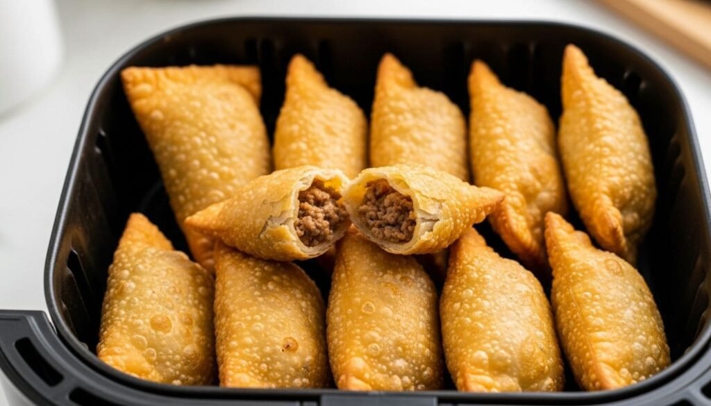 Pastéis dourados e crocantes recheados, alguns cortados ao meio para mostrar o recheio de carne moída, de uma receita de pastel na airfryer.