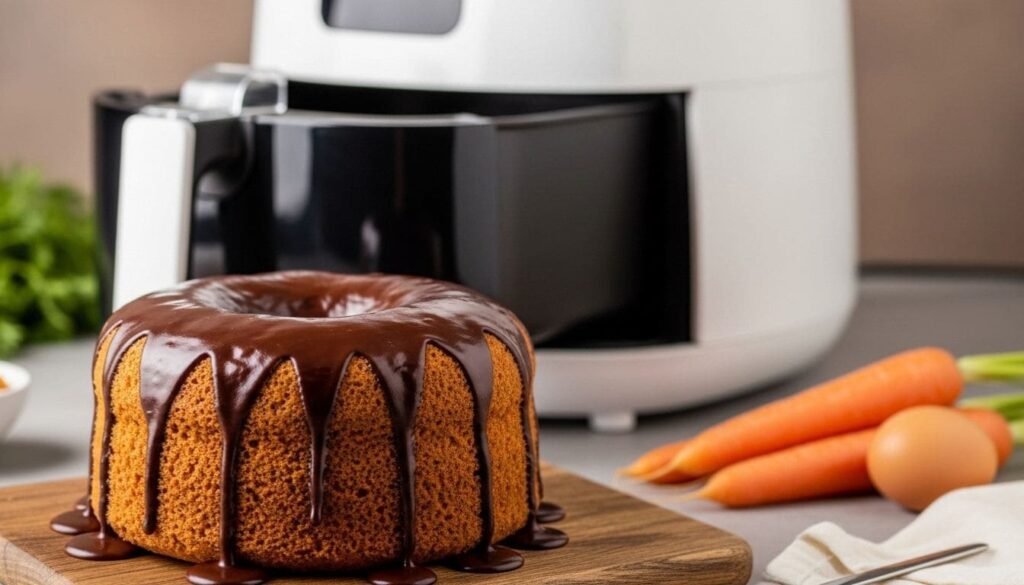 Receita de Bolo de Cenoura na Airfryer: Fofinho com Cobertura de Chocolate – Seu Novo Doce Favorito! 1 Bolo de cenoura fofinho com cobertura de chocolate, recém-saído da airfryer, pronto para ser saboreado.