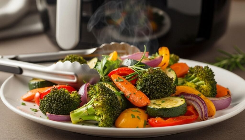 Prato branco contemporâlico com legumes variados (brócolis, abobrinha, cenoura, pimentão, cebola roxa) recém-preparados na airfryer, dourados, crocantes e salpicados com ervas frescas. Airfryer ao fundo desfocada. Imagem apetitosa de legumes assados sem óleo.