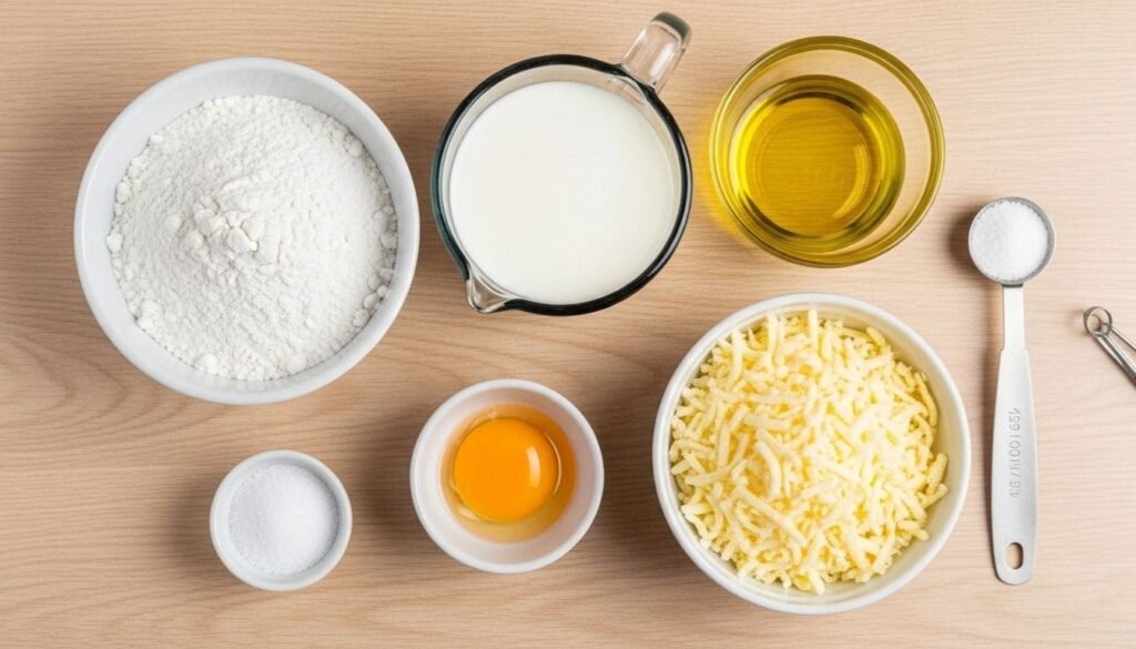 Pão de Queijo na Airfryer de 15 Minutos: Crocante por Fora, Macio por Dentro 2 Disposição organizada dos ingredientes para pão de queijo na airfryer: polvilho, leite, óleo, ovo, queijo minas ralado e sal, sobre uma superfície clara. Imagem de receita.