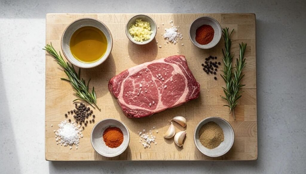 Ingredientes frescos para a receita de carne na airfryer, incluindo um corte de carne bovina crua, azeite de oliva, alho picado, páprica, cominho, sal, pimenta do reino e alecrim fresco, dispostos em pequenas tigelas e sobre uma tábua de madeira.