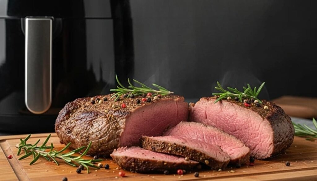 Uma suculenta porção de carne na airfryer recém-preparada e fatiada, revelando um interior perfeitamente rosado, com vapor subindo, temperada com pimenta do reino e alecrim fresco, em uma tábua de corte de madeira ao lado de uma airfryer preta.