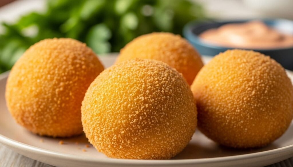 Coxinhas de frango na airfryer, douradas e crocantes, feitas servidas em um prato com molho rosé e salsa fresca.