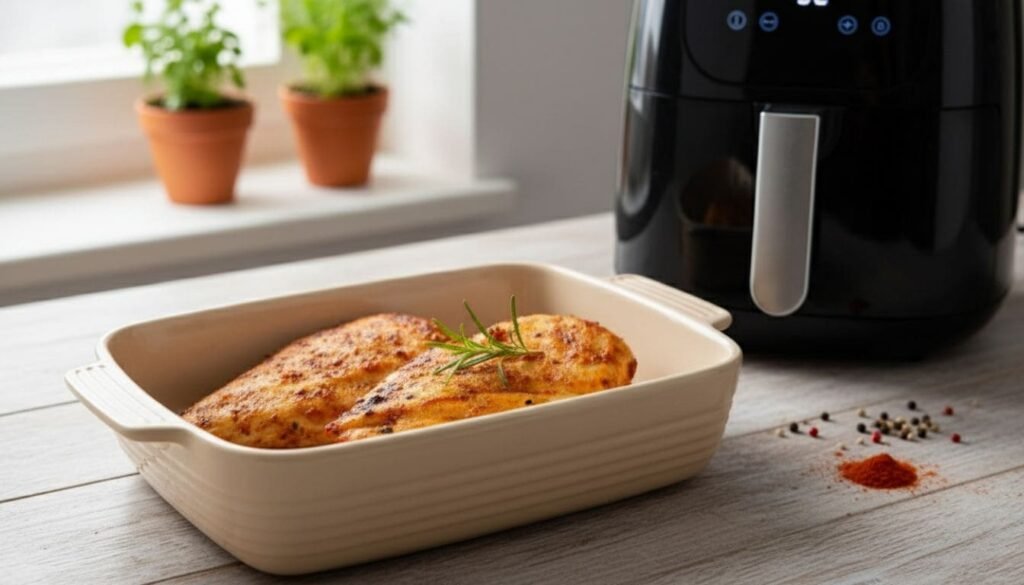 Filé de frango na airfryer suculento e dourado em uma travessa, acompanhado de alecrim, pronto para ser servido.