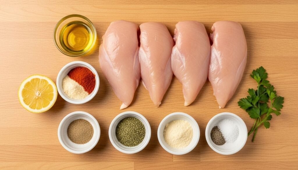  Ingredientes frescos e temperos dispostos para preparar o delicioso filé de frango na airfryer.