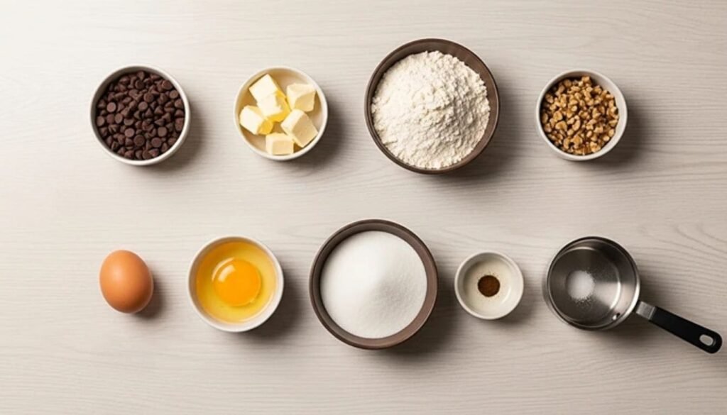 Vista aérea dos ingredientes para fazer o Brownie na Airfryer, incluindo chocolate meio amargo, manteiga, ovo, açúcar, farinha de trigo, baunilha, sal e nozes, dispostos em uma bancada de madeira.