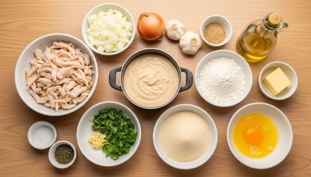 Ingredientes frescos e secos para fazer coxinha de frango na airfryer, incluindo frango desfiado, cebola, alho, cheiro-verde, farinhas, ovo, requeijão e temperos, dispostos em uma bancada de cozinha.
