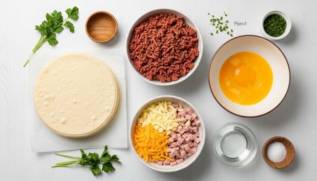 Vista aérea de ingredientes frescos e organizados para pastéis na Airfryer em uma bancada clara, incluindo discos de massa de pastel, um pote com recheio de carne moída, um ovo batido e um potinho com água. Há também salsa picada e um rolo de massa.