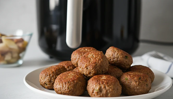 Como Fazer Almôndegas na Airfryer: Passo a Passo Delicioso e Sem Sujeira! 4 Prato elegante de almôndegas na airfryer com uma textura dourada e suculenta, uma delas cortada ao meio, com uma airfryer moderna desfocada ao fundo, destacando a facilidade e o sabor de fazer almôndegas na airfryer.