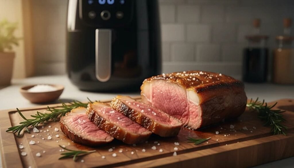 Picanha na airfryer suculenta e fatiada em uma tábua de madeira com temperos frescos.