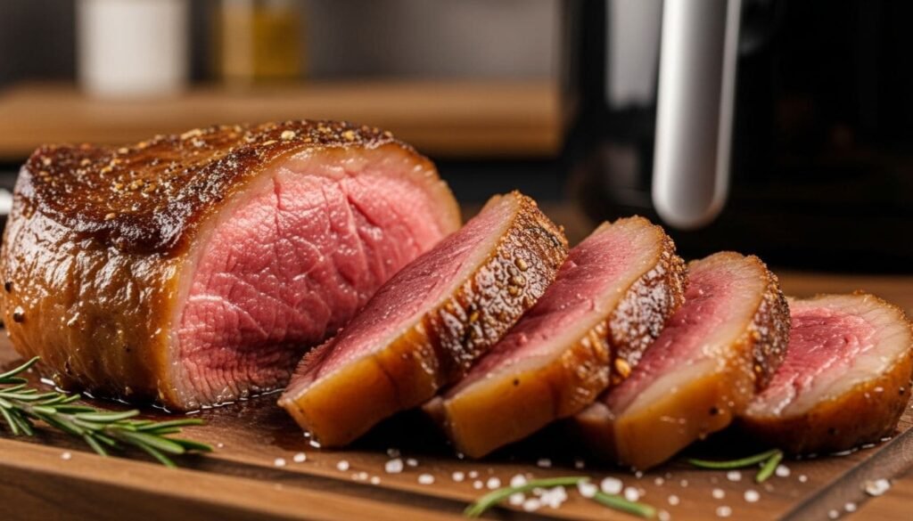 Picanha na Airfryer: Como Fazer Suculenta e no Ponto Certo 2 Picanha na airfryer fatiada e suculenta, com a capa de gordura dourada, servida em tábua de madeira.