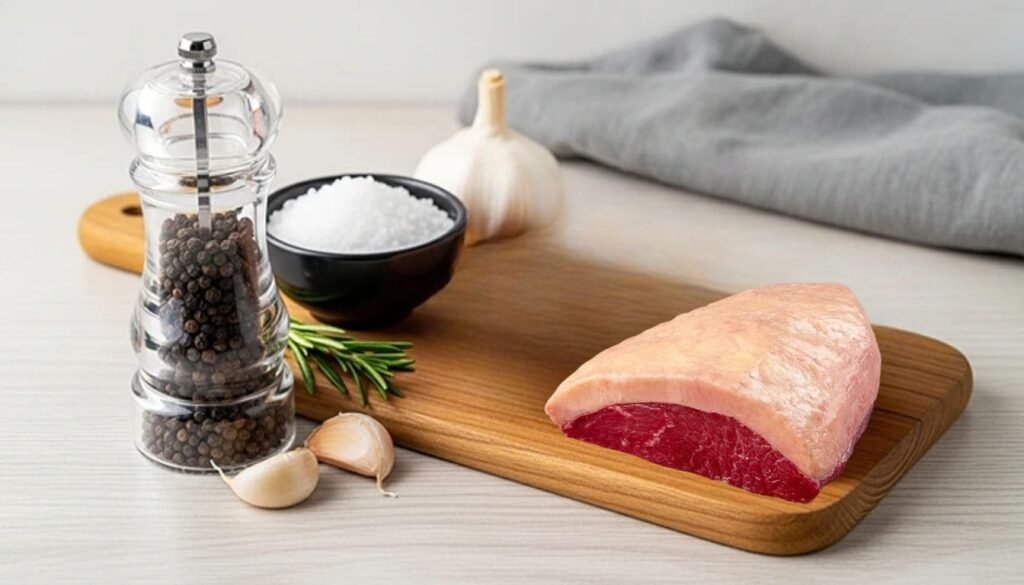 Ingredientes frescos para picanha na airfryer: picanha crua, sal grosso, pimenta e alho em uma tábua de madeira.